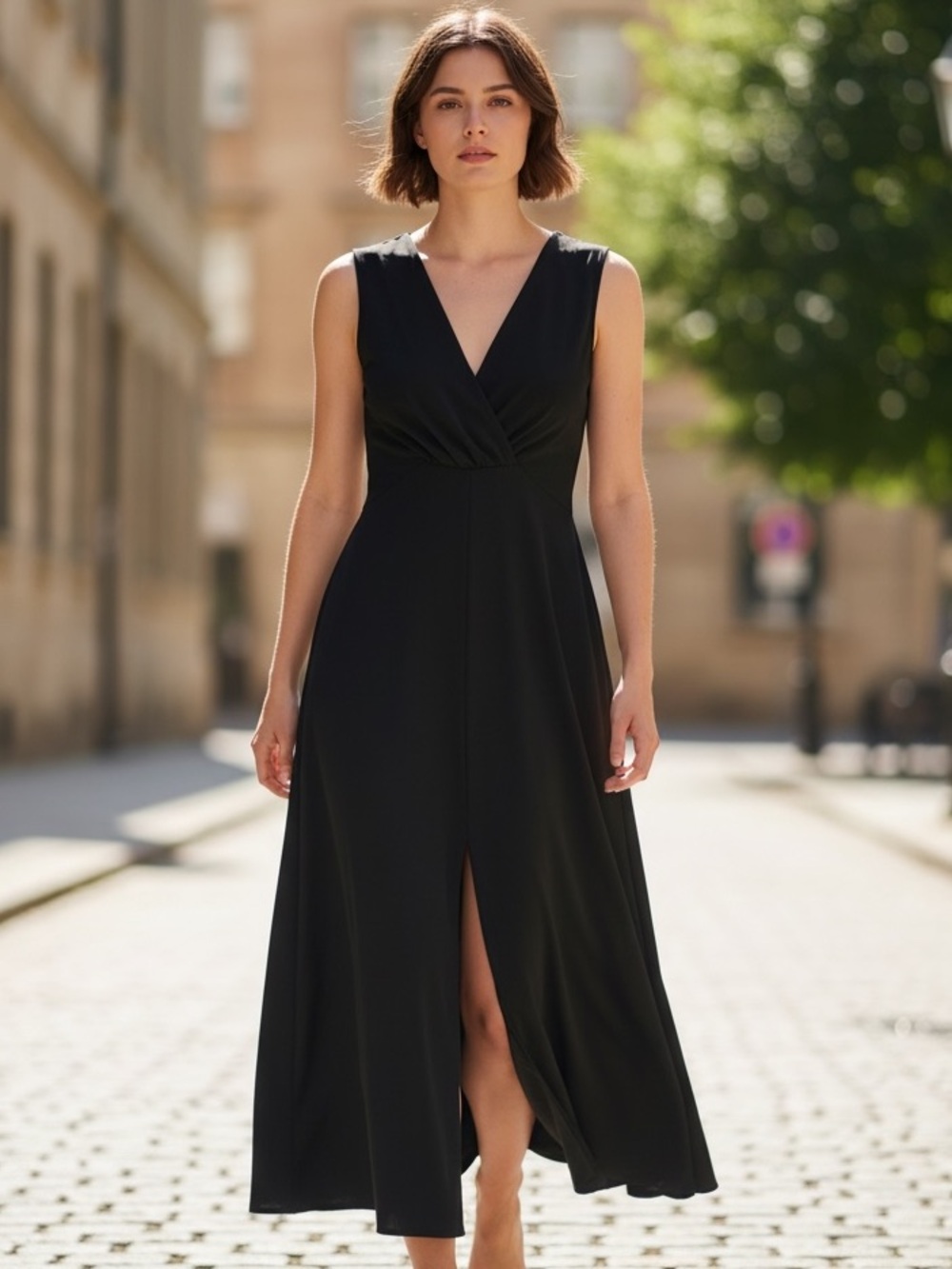 Black midi dress w front split Sz M